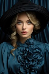 A woman wearing a black hat and a blue dress. Digital image.