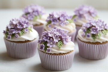 Fototapeta na wymiar A close up of cupcakes with frosting and purple flowers. Digital image.