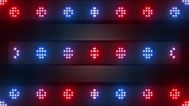 This stock motion graphic video of 4K red and blue LED light walls with gentle overlapping curves on seamless loop
