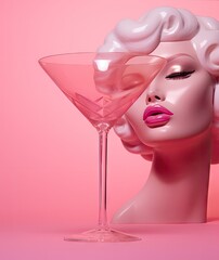 a woman's face with pink lipstick and a martini glass in her hand, on a pink background stock photo