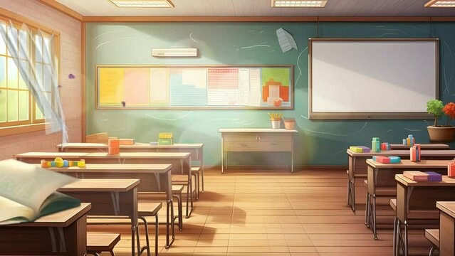 Empty classroom. Back to School Cartoon or Japanese anime. seamless looping 4K virtual video animation background. Generative AI 