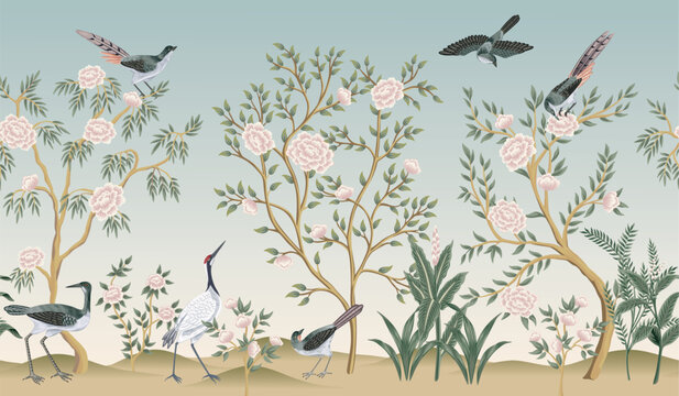 Chinese rose tree, plants, birds mural. Chinoiserie wallpaper. 