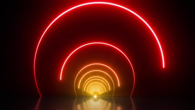 This stock motion graphic video of 4K colored neon radial curves with gentle overlapping curves on seamless loop