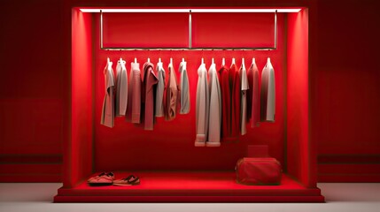 an empty red clothing store with clothes hanging on the rack and shoes in the foreground, 3d render illustration