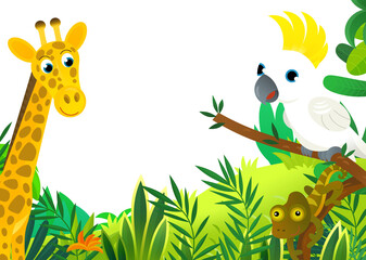 cartoon scene with jungle and animals and parrot bird being together as frame illustration for children