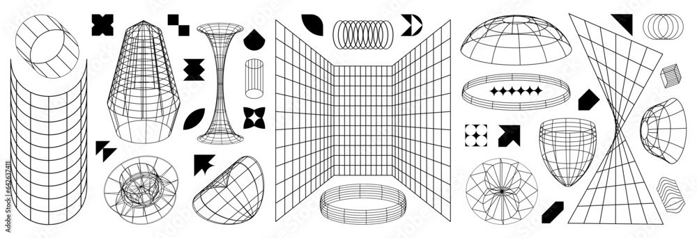 Poster Abstract aesthetic y2k isolated geometric elements and wireframe shapes. Black line design elements. Vector illustration for social networks or posters on transparent background.