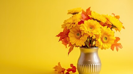 fall flowers in a vase on a yellow background with copy space for your text or image, this is the best way to use