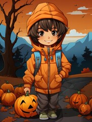 Cartoon character boy farmer's son who helps to harvest halloween pumpkin