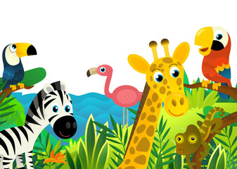 cartoon scene with jungle and animals and parrot bird being together as frame illustration for children