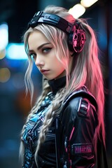 a woman with long blonde hair wearing headphones. Generative AI Art.