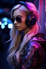 a woman wearing sunglasses and headphones. Generative AI Art.