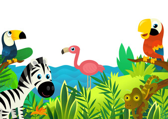 Fototapeta na wymiar cartoon scene with jungle and animals and parrot bird being together as frame illustration for children