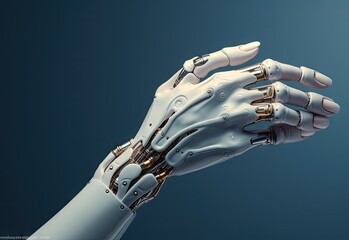 a robot's hand reaching out to another robotic that is holding the other arm in its right hand, with blue background