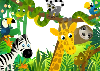 Fototapeten cartoon scene with jungle and animals and parrot bird being together as frame illustration for children © honeyflavour