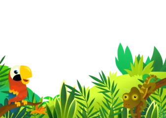 Zelfklevend Fotobehang cartoon scene with jungle and animals and parrot bird being together as frame illustration for children © honeyflavour