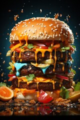 a large burger with colorful toppings. Generative AI Art.