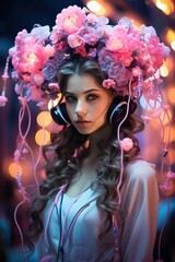 a woman with headphones and flowers on her head. Generative AI Art.