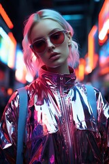 a woman wearing sunglasses and a shiny jacket. Generative AI Art.