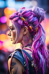 a woman with purple hair and a backpack. Generative AI Art.