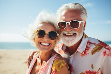 Portrait of an older senior couple smiling at a beach