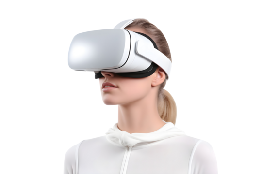 Blonde Woman watching Movie through VR Headset isolated on transparent background, Fictional Person, AI