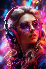 a woman wearing headphones and sunglasses. Generative AI Art.