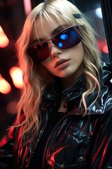 a woman wearing sunglasses and a black coat. Generative AI Art.