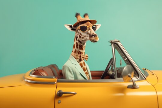 a cute giraffe in retro car on colored background