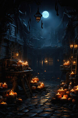 Obraz premium Halloween spooky background, scary pumpkins with smoke in old big creepy Happy Haloween ghosts horror house inside big empty foggy room. Creepy october dark smoky mysterious night backdrop concept.