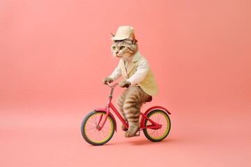 Naklejka premium a cat in retro clothes cycling on colored background