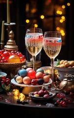 Fototapeta premium In this Christmas still life, a champagne glasses takes center stage, illuminated by the warm, festive atmosphere.