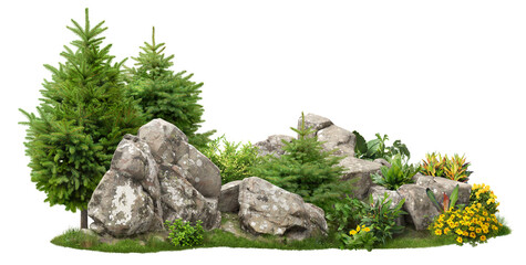 Cutout rock surrounded by fir trees and flowers. Garden design isolated on transparent background. Decorative shrub for landscaping. High quality clipping mask for professionnal composition	
