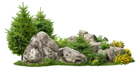 Cutout rock surrounded by fir trees and flowers. Garden design isolated on transparent background. Decorative shrub for landscaping. High quality clipping mask for professionnal composition	
