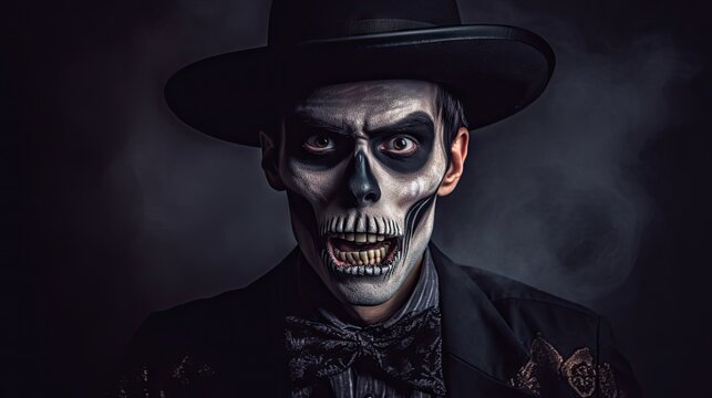 a man in a top hat and skeleton make up his face, with smoke coming out from the mouth he is wearing a black