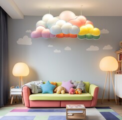 a child's room with clouds painted on the wall and colorful furniture in the corner, including a green sofa