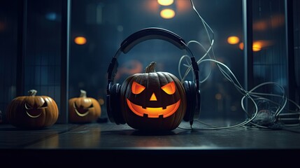 headphones and pumpkins on a table with halloween lights in the background is an image that can be used as a wallpaper