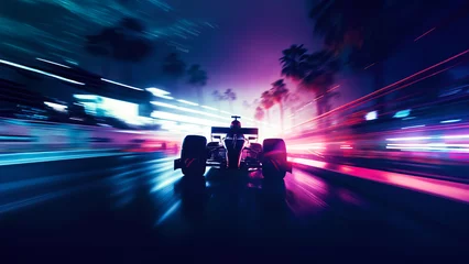 Poster Colourful neon race car on the race track, Formula 1 at night competing at high speed in motion blur, light trails © Michael