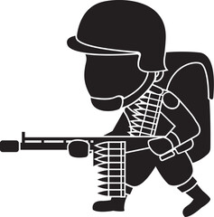 Cartoon Black and White Illustration Vector Of a Soldier Holding a Mini Gun
