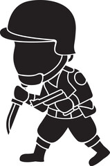 Cartoon Black and White Illustration Vector Of A Soldier Holding A Knife Upside Down