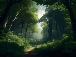 Rich forest background created with, fullness of green plants, fresh air.