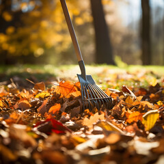 Obraz premium Raking leaves during Autumn or Fall. A seasonal depiction of yard maintenance. Generative ai. 