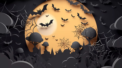 Spooky Night Halloween in paper cut style background,yellow moon,bat,spider web.vector illustration.