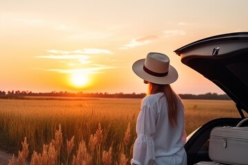 a woman standing next to her car with the sun setting in the background and looking out into the open hood - Powered by Adobe
