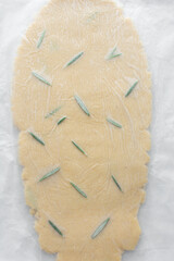 Top view of sugar cookie dough rolled between parchment paper, process of making cut out sugar cookies