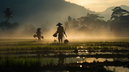 asian chinese farmer workers working at rice farm fields and harvesting rice. vintage clothing with straw hats. beautiful sunrise in morning. pc desktop wallpaper background. 16:9, 4k. Generative AI