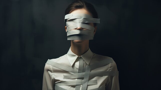 a photo of a beautiful young woman with tape band on her face and mouth. sexist discrimination of women. no freedom of speech. domestic violence abuse. isolated on grey wall background. Generative AI