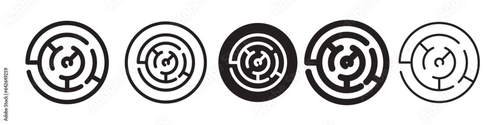 Poster labyrinth icon. circular shape maze puzzle path way game symbol. vector set of direction confusion c