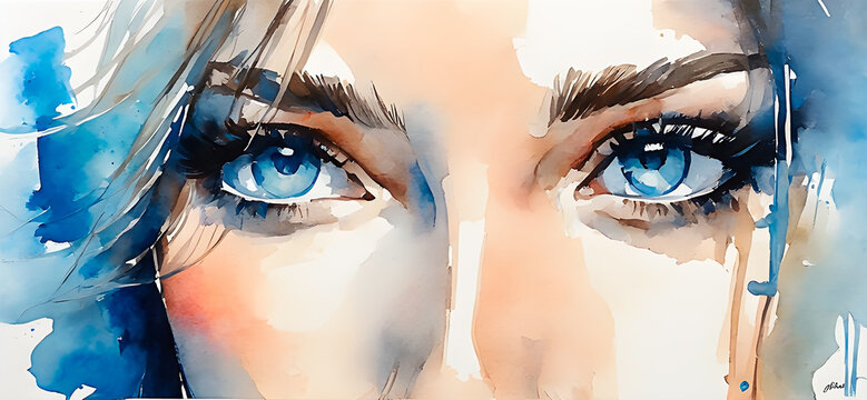 Closeup on a woman blue eyes in watercolor painting style