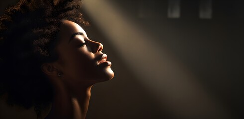 portrait, black woman's face on a black background, close-up, fashion photography, black and white effect, cosmetics