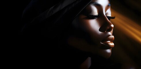 portrait, black woman's face on a black background, close-up, fashion photography, black and white...